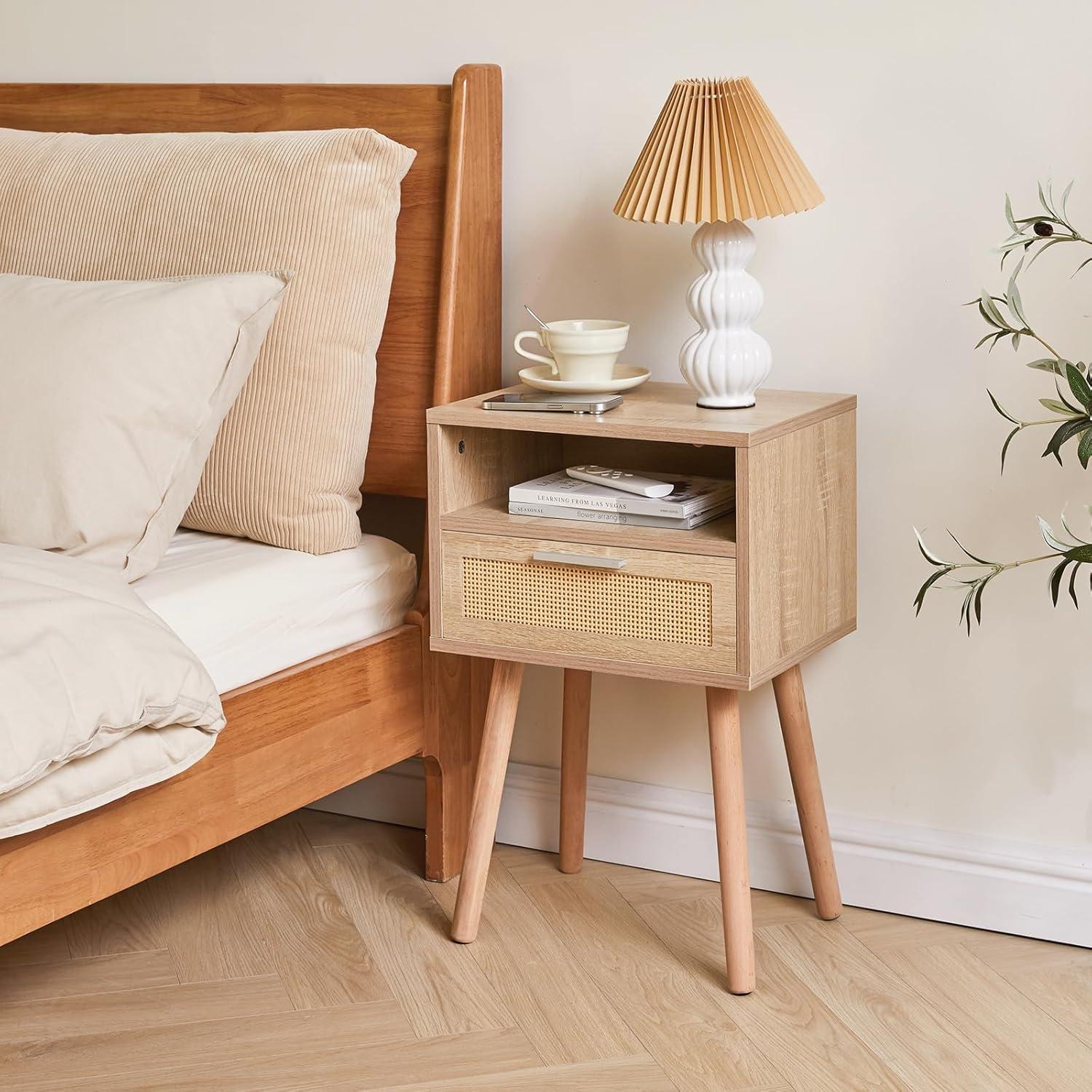 Rattan Nachttisch Boho Beistelltisch mit Schublade Regal Holz Akzent Beine