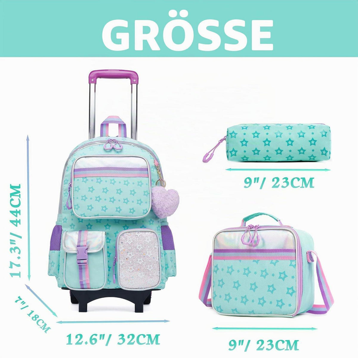 Kinder Trolley Rucksack Set mit Rädern – Grün Star