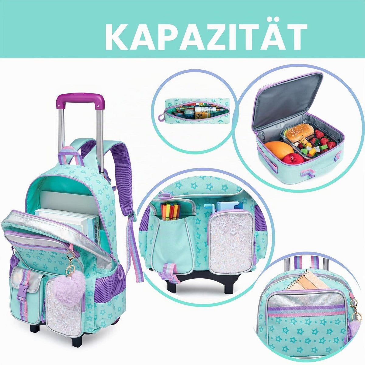 Kinder Trolley Rucksack Set mit Rädern – Grün Star