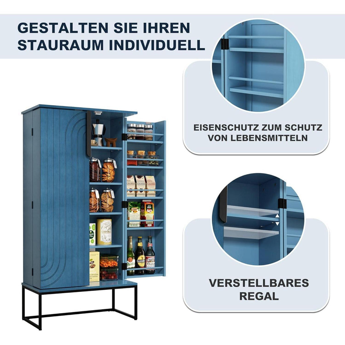 Küchenschrank mit Regalen, Blau – Vielseitiger Vorratsschrank