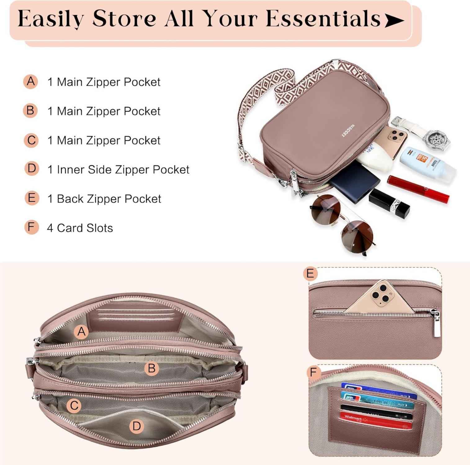 WACCET Damen Umhängetasche Schultertasche PU Leder Kartenfächer Crossbody Bag
