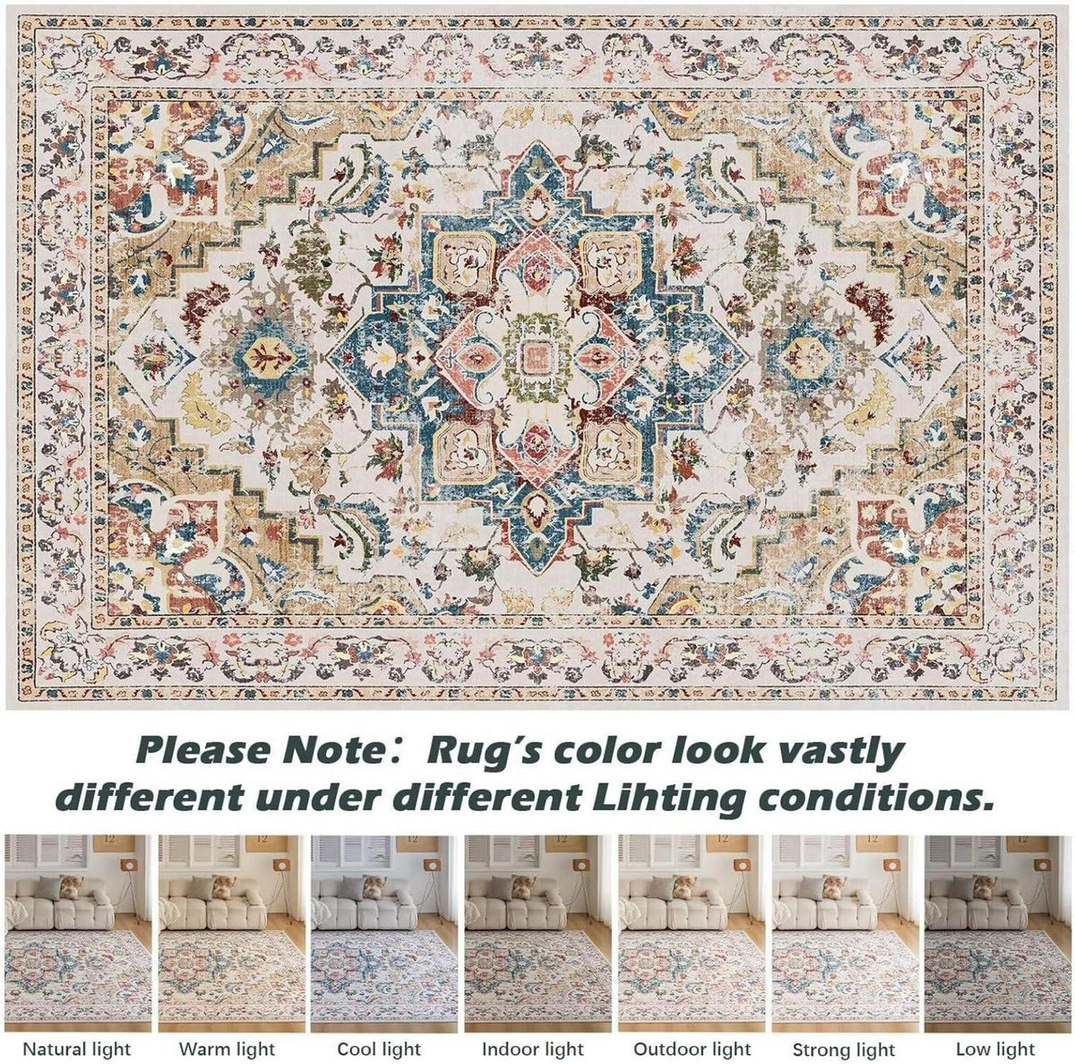 Waschbarer Teppich 120x170 Vintage Kurzflor Weich Rutschfest Beige