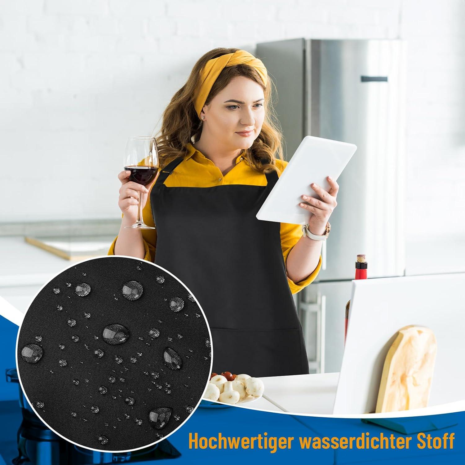 Livdouyu Schwarze Übergrößen-Kochschürze mit Taschen, wasserdicht - Damen/Küche/Kochen