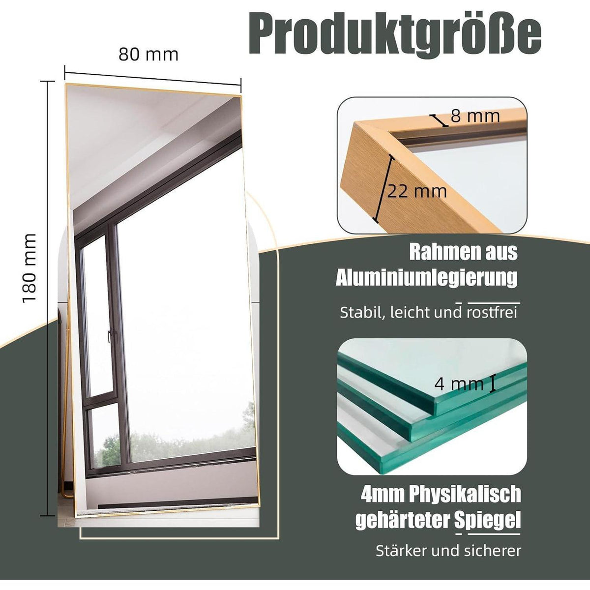 Ganzkörperspiegel Standspiegel Gold 180x80cm | Lehnend & Wandmontage