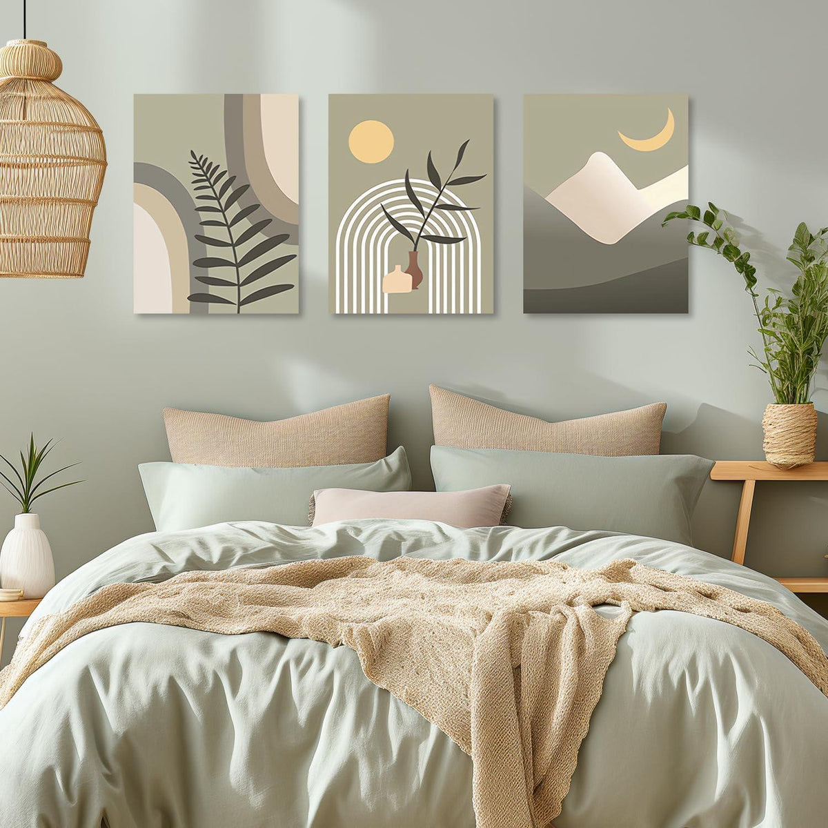 Boho Wandbilder Sonne Mond Salbei Grün Leinwand Bilder 30x40