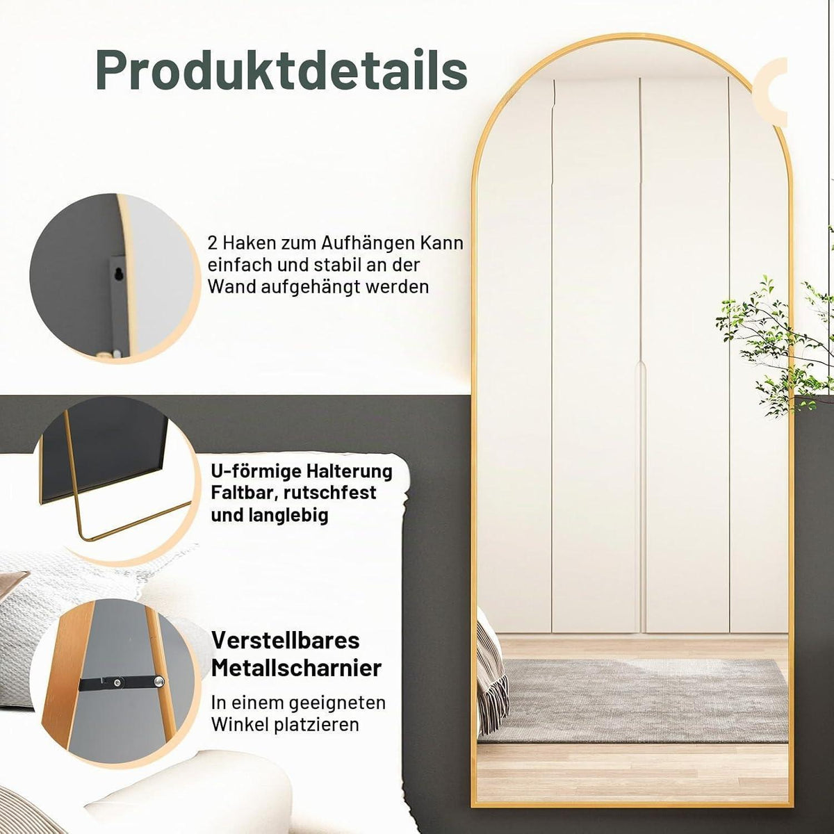 Ganzkörperspiegel Bogenförmig 180x80cm Gold | Stand- & Wandspiegel