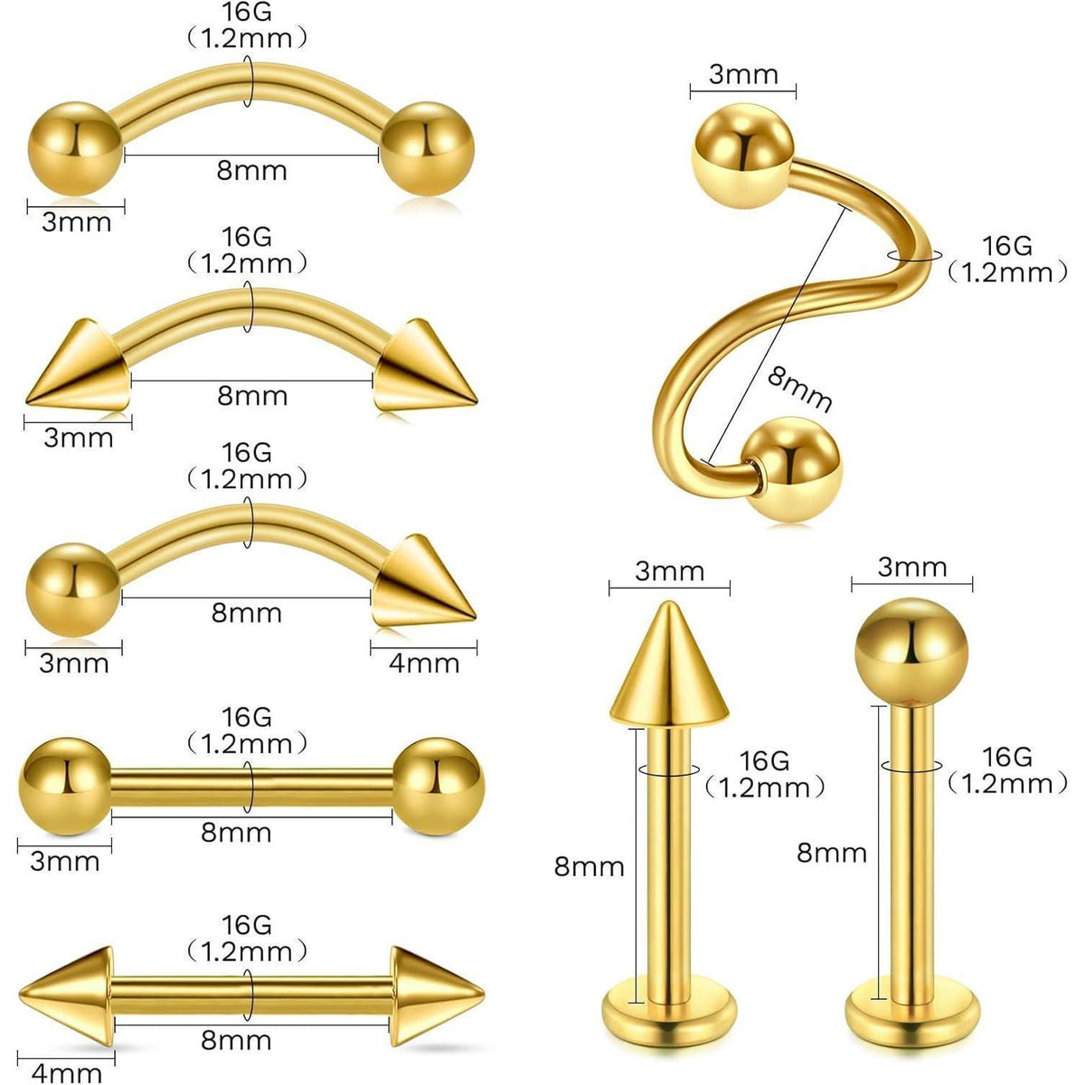 Piercing Set 99 Teile mit Nadeln & Schmuck, 14G-20G, Gold 8mm