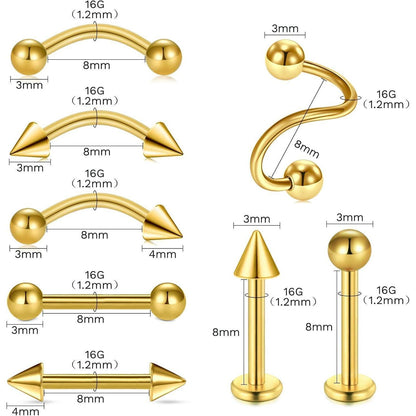 Piercing Set 99 Teile mit Nadeln & Schmuck, 14G-20G, Gold 8mm