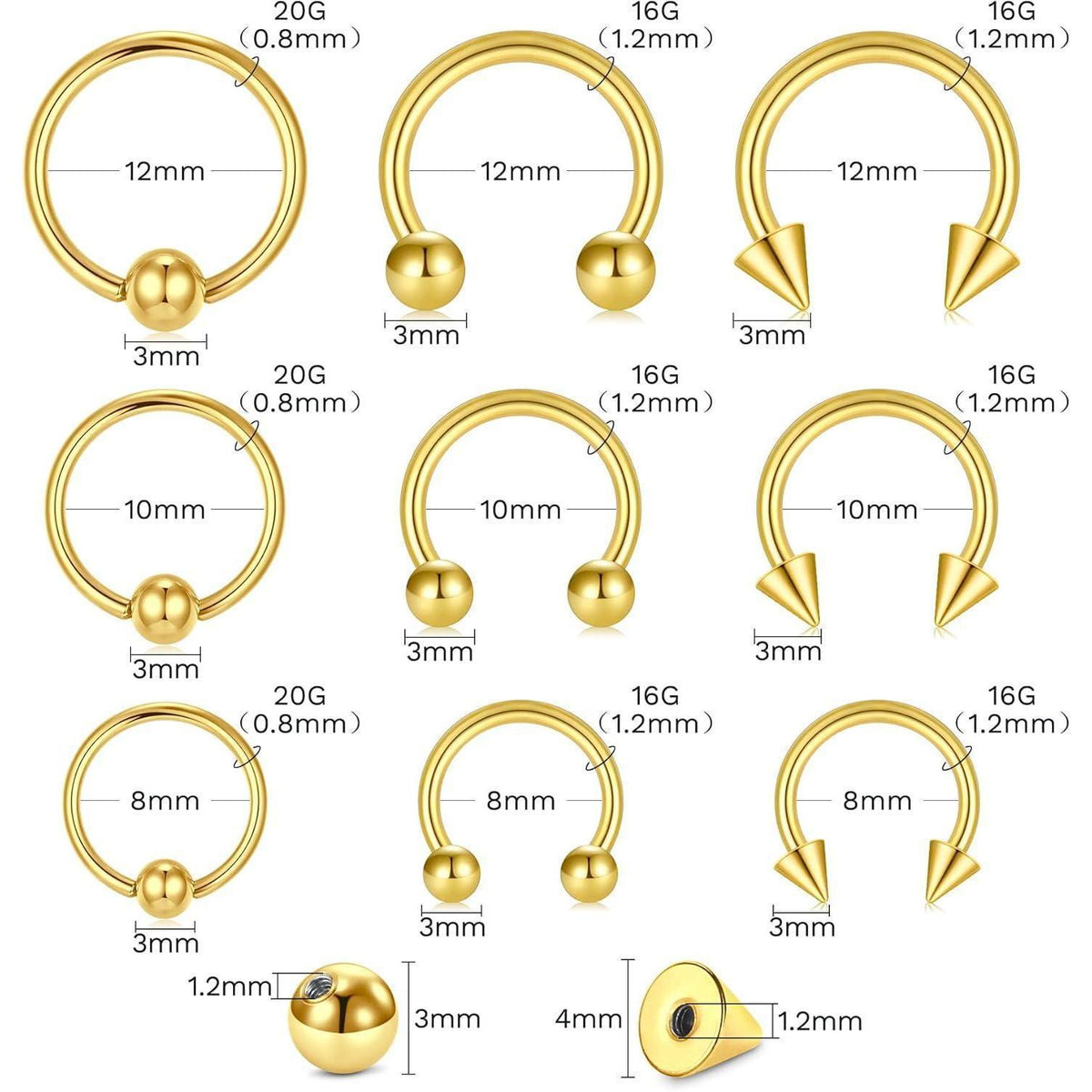 99tlg. Piercing Set mit Nadeln & Schmuck, 14G-20G, 316L Stahl, Gold 10mm