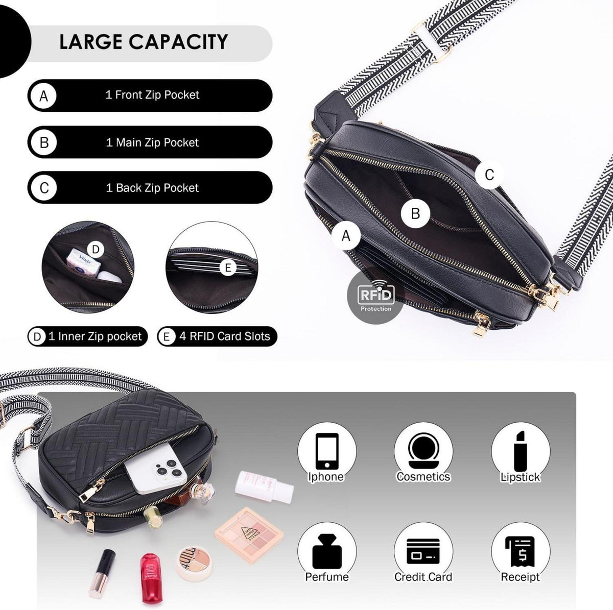 Gesteppte Damen Umhängetasche PU Leder Crossbody Bag Verstellbarer Gurt