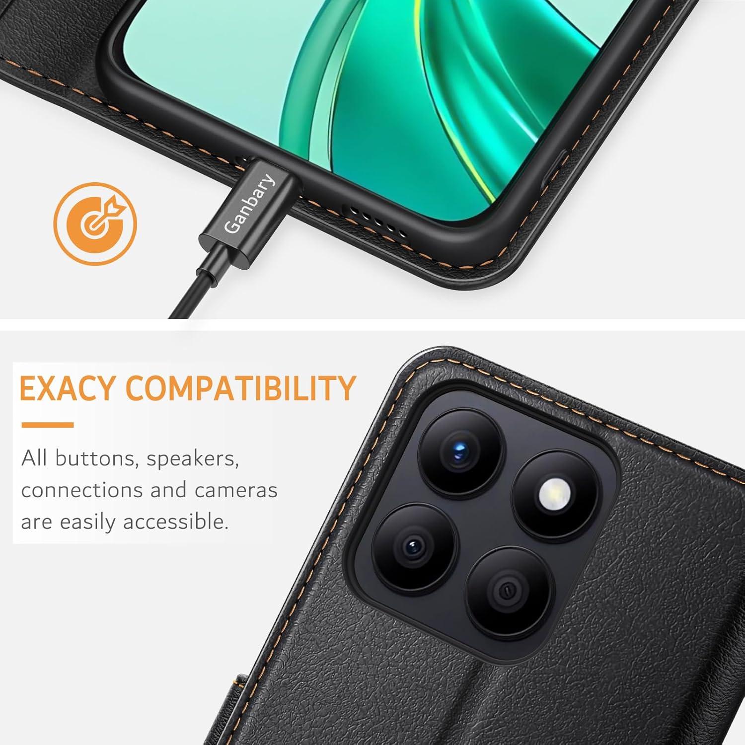 Ganbary Leder Handyhülle für Honor X8b Schwarz mit Kartenfächern & Standfunktion