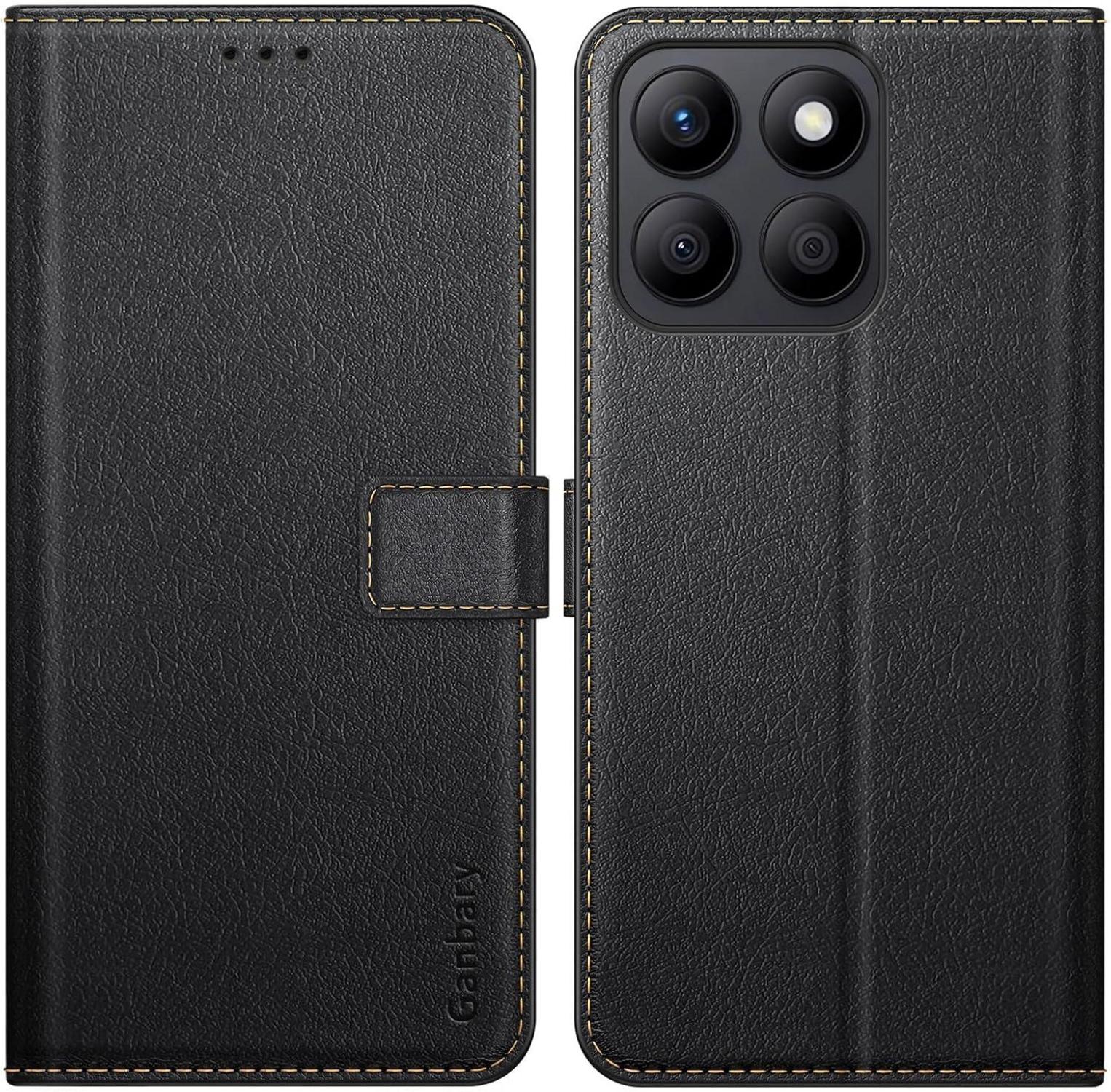 Honor X8b Handyhülle Leder Schwarz mit Kartenschlitzen & Standfunktion