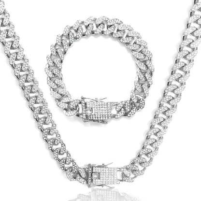 Kubanische Gliederkette 12mm Silber mit Strass, 50-60cm