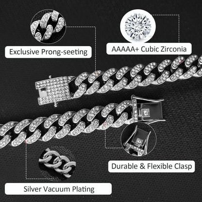 Kubanische Gliederkette 12mm Silber mit Strass, 50-60cm