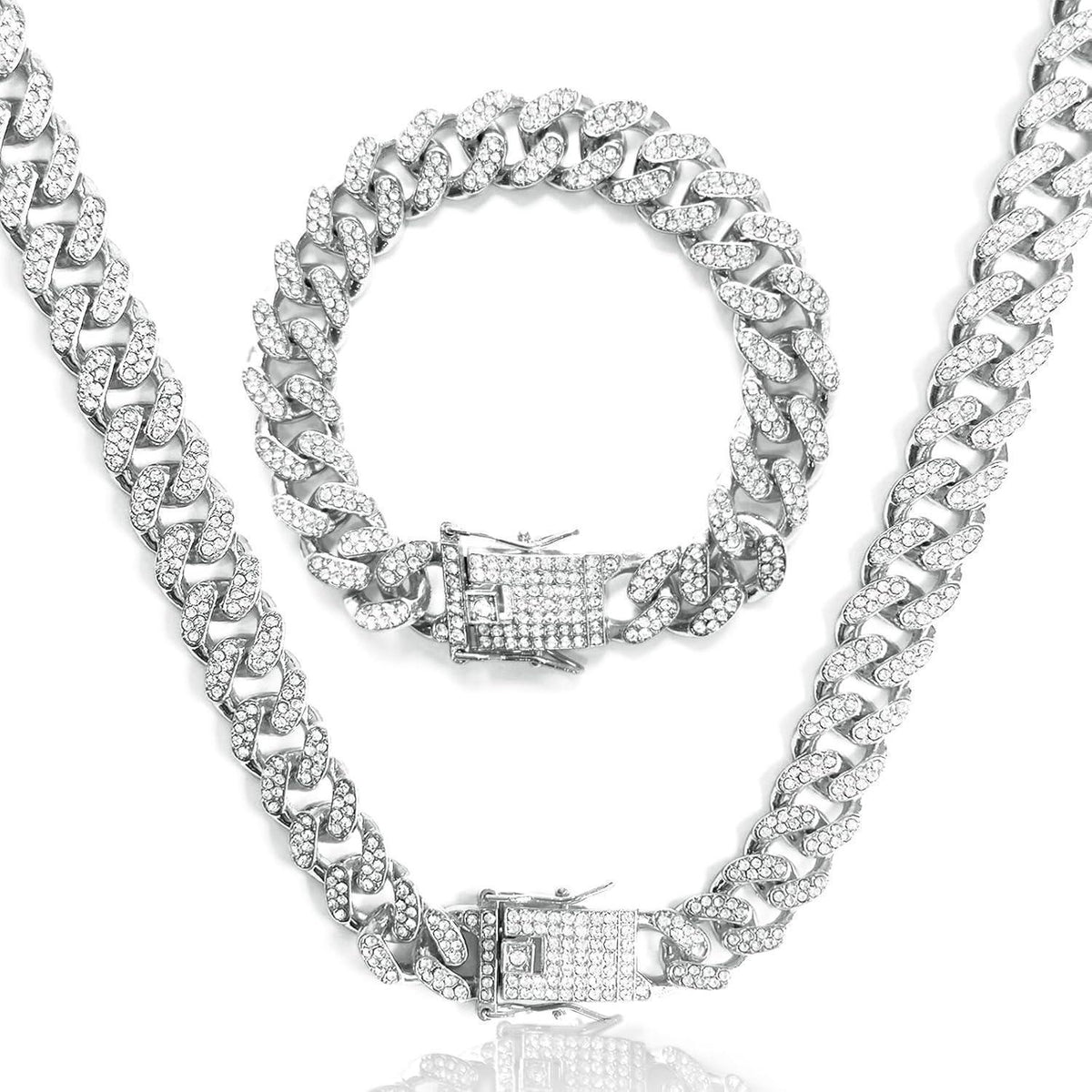 12mm Kubanische Gliederkette Silber mit Strass, 50-60cm