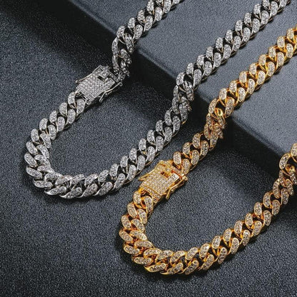 12mm Kubanische Gliederkette Silber mit Strass, 50-60cm