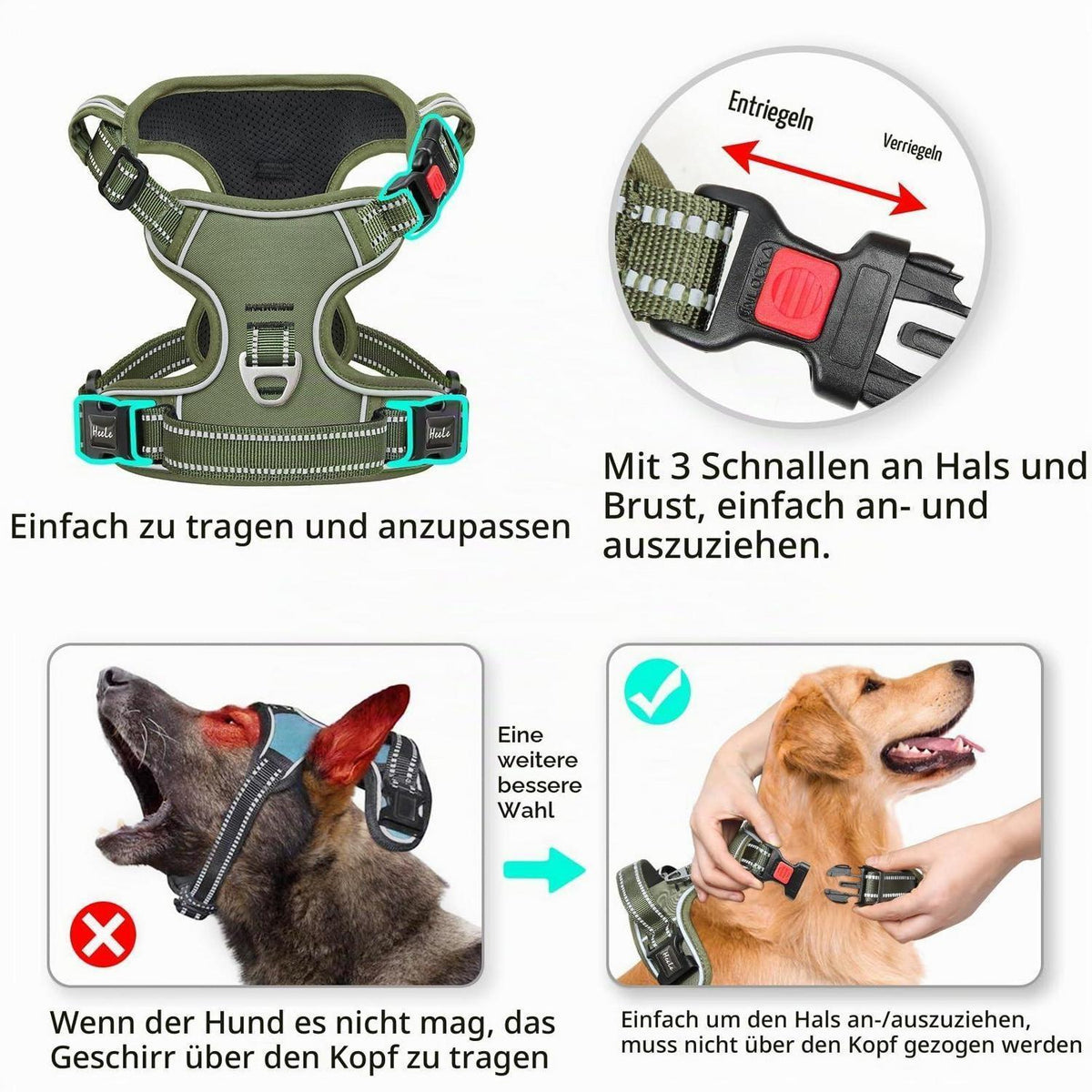 Hundegeschirr Brustgeschirr Grün L - Abschließbar & Reflektierend