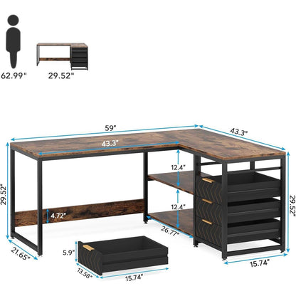 L-förmiger Schreibtisch mit Schubladen – Eckschreibtisch für Büro & Home Office