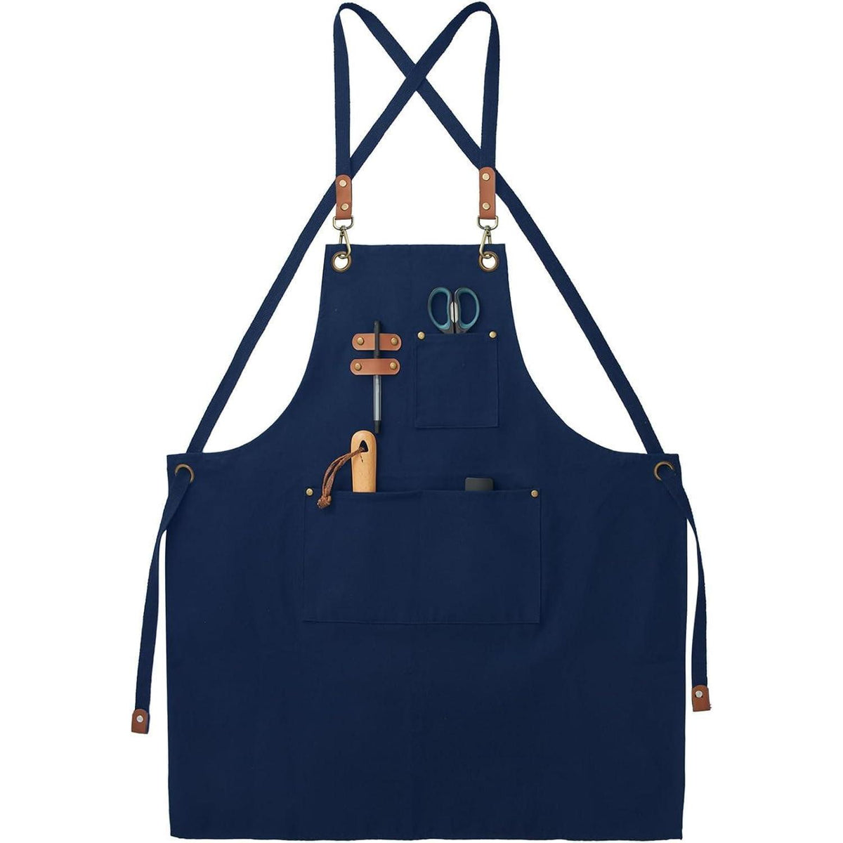 Canvas Schürze mit Kreuzgurt und 3 Taschen – Blau