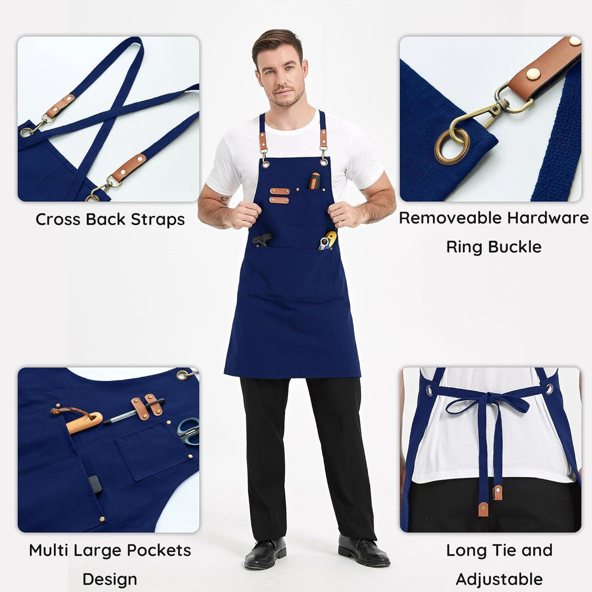 Canvas Schürze mit Kreuzgurt und 3 Taschen – Blau