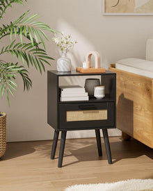 Nachttisch Rattan Schwarz handgefertigt Holz Akzent