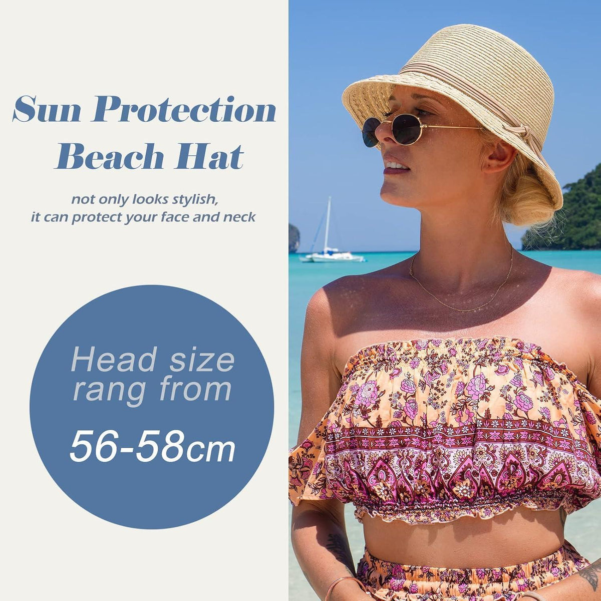 Damen Sonnenhut Faltbar Strohhut UV-Schutz Beige M