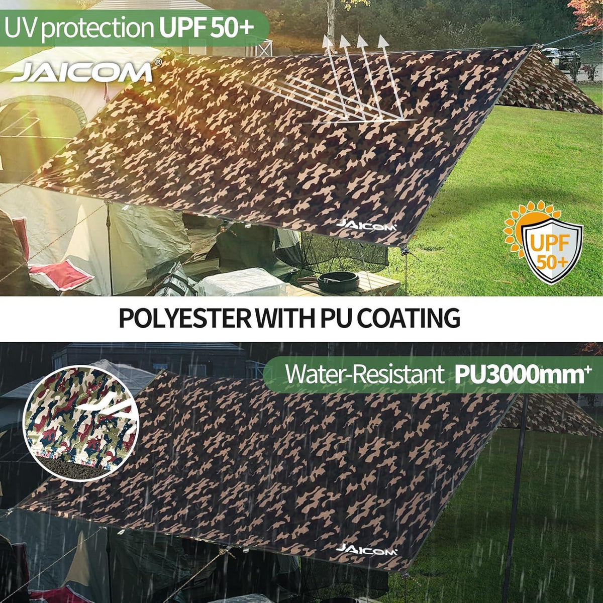 JAICOM Tarp Wasserdicht Camping Zeltplane 3x4m UV-Schutz Regen Schnee Ösen Nylonseile Aluminiumstifte Hängematten Outdoor