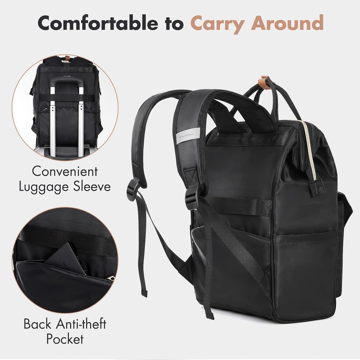 Lekesky Damen Rucksack 15.6 Zoll Laptopfach Anti-Diebstahl Schwarz