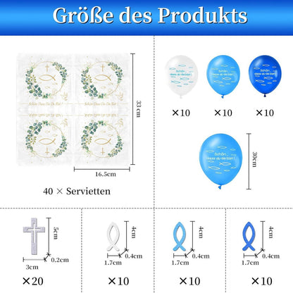 121Stück Kommunion Taufe Deko Set Servietten Fisch Kreuz Luftballon Girlande