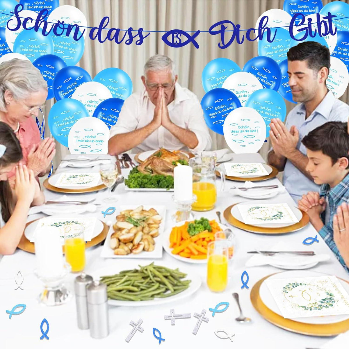 Kommunion Taufe Deko Set Holzfisch Kreuz Servietten Luftballon