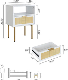 Nachttisch Rattan für Schlafzimmer, Wohnzimmer, Weiß/Gold