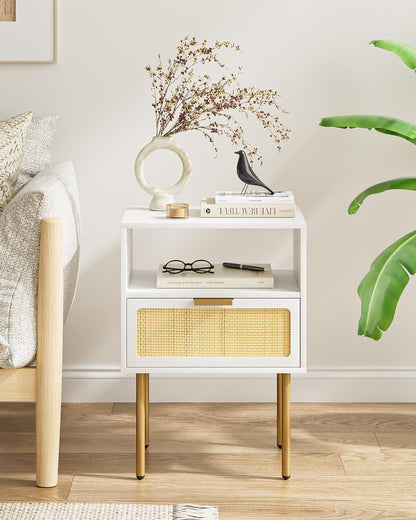 Boho Nachttisch Rattan Weiß Gold 1 Schublade 1 Ablage