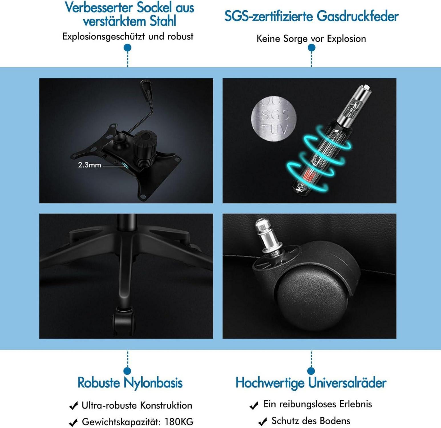 Ergonomischer Bürostuhl mit dynamischer Lordosenstütze, neigbar, Schwarz