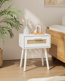 Nachttisch Rattan Beistelltisch mit Schublade Holzbeine Eiche Gelb