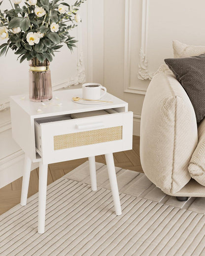 Beistelltisch Rattan mit Schublade Naturholz Nachtkommode
