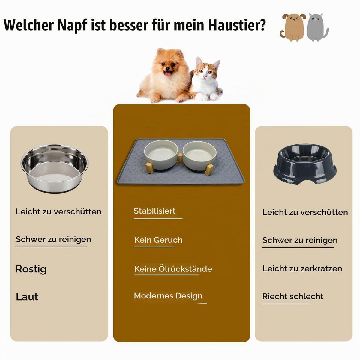Keramik Doppelnapf für Hunde & Katzen mit Bambus Ständer