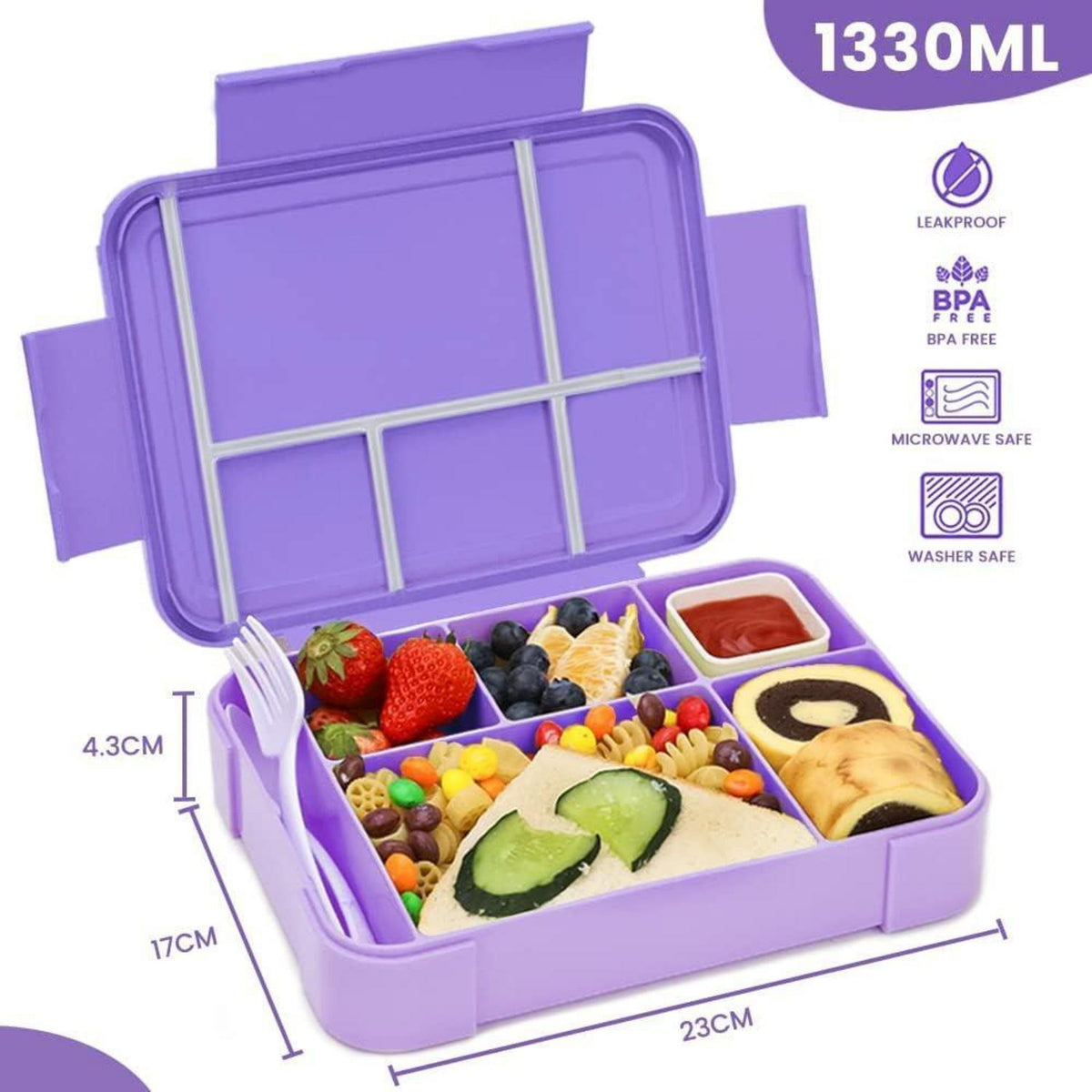 Kinder Brotdose mit 6 Fächern, auslaufsicher, inkl. Besteckset, Lila