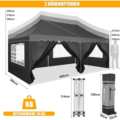 3x6m Faltpavillon mit Seitenwänden – Wasserdicht & Stabil