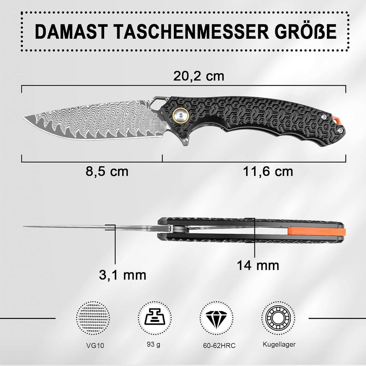 Damast Taschenmesser VG10 Stahl – Outdoor Klappmesser mit Aluminium Griff