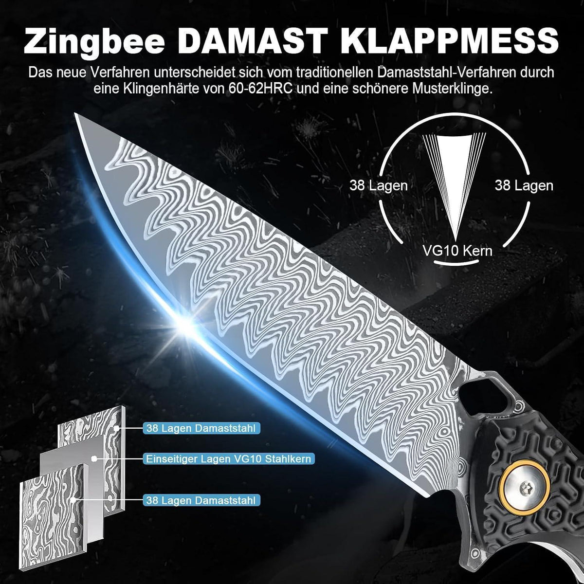 Damast Taschenmesser VG10 Stahl – Outdoor Klappmesser mit Aluminium Griff