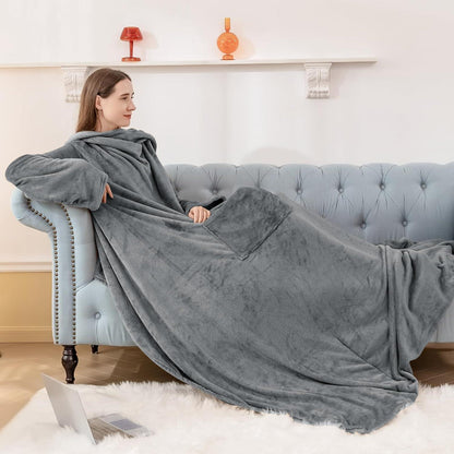 Kuscheldecke mit Ärmeln & Fußtasche – Tragbare Decke Grau 150x200cm