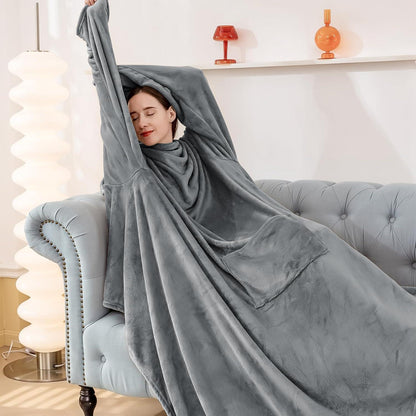 Kuscheldecke mit Ärmeln & Fußtasche – Tragbare Decke Grau 150x200cm