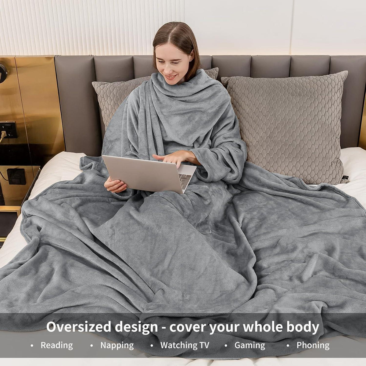 Kuscheldecke mit Ärmeln & Fußtasche – Tragbare Decke Grau 150x200cm