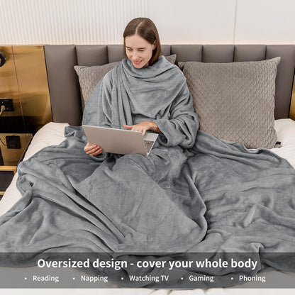 Kuscheldecke mit Ärmeln & Fußtasche – Tragbare Decke Grau 150x200cm