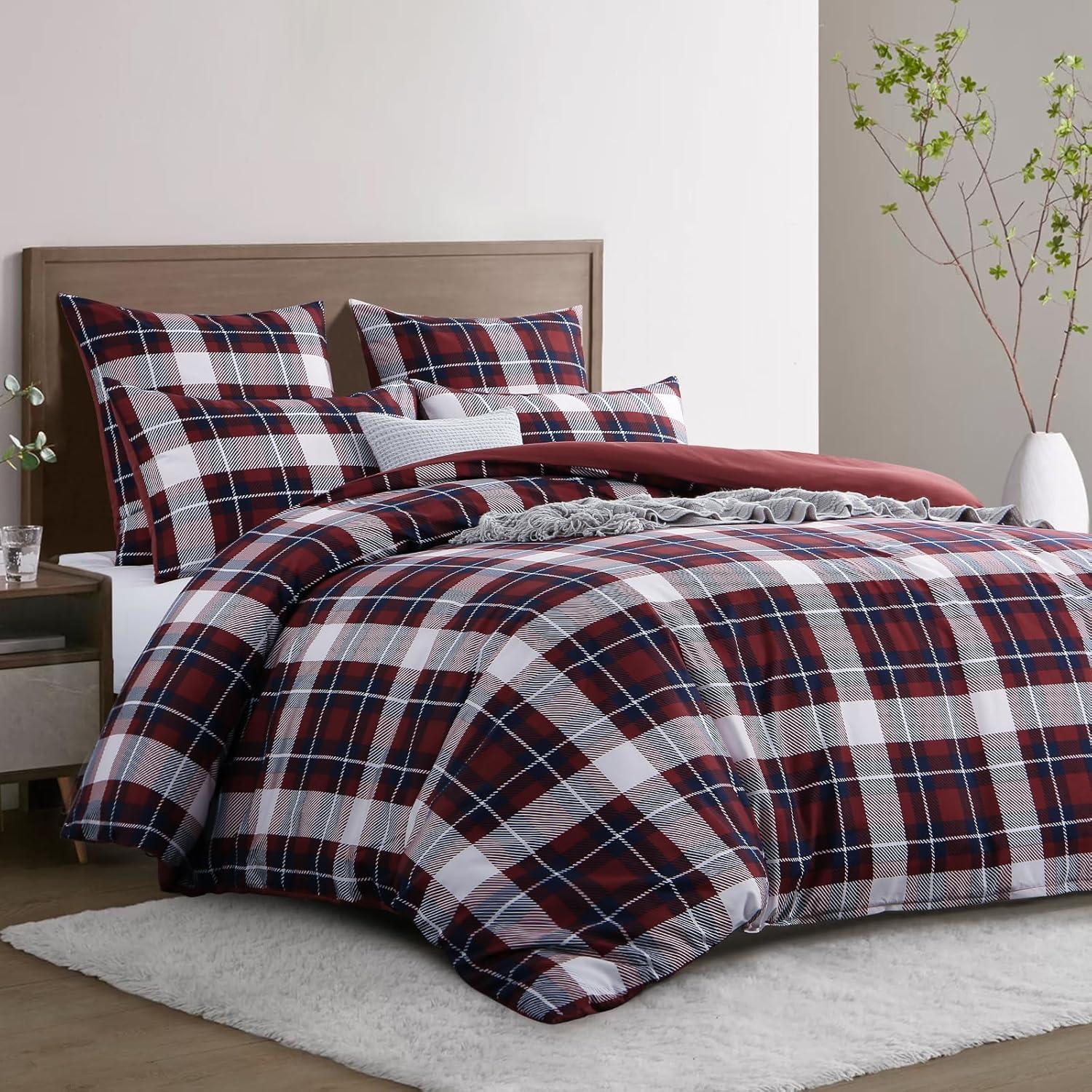 Moderne Bettwäsche Set 200x220 Rot Tartan Muster Mikrofaser