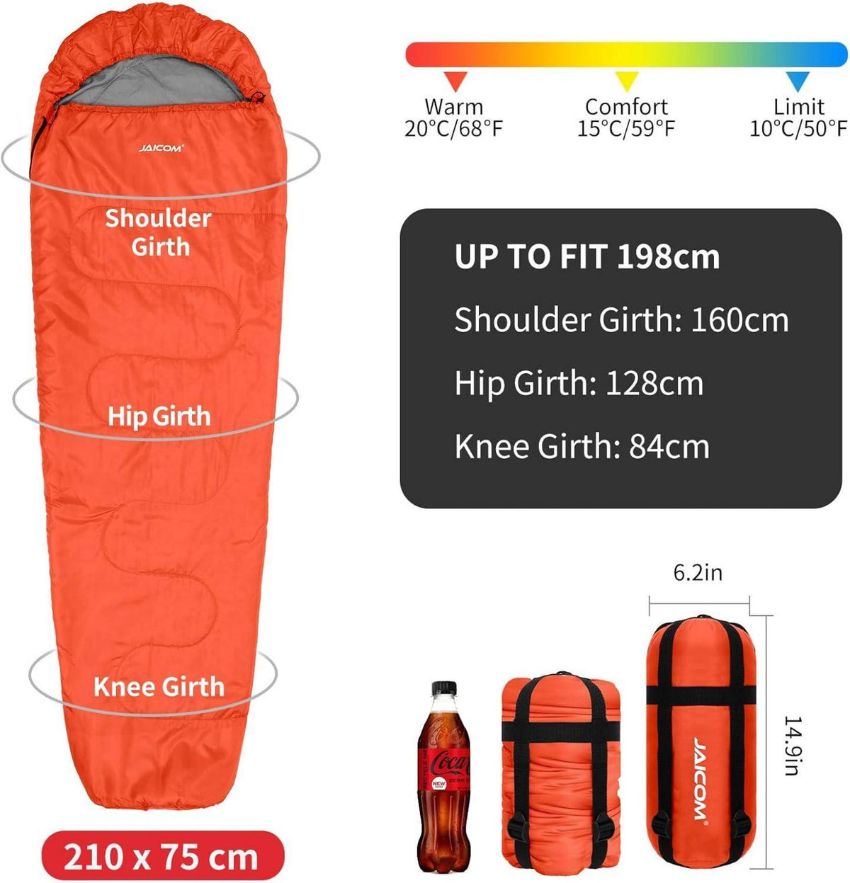 Ultraleichter Mumienschlafsack 3 Jahreszeiten 800g Orange