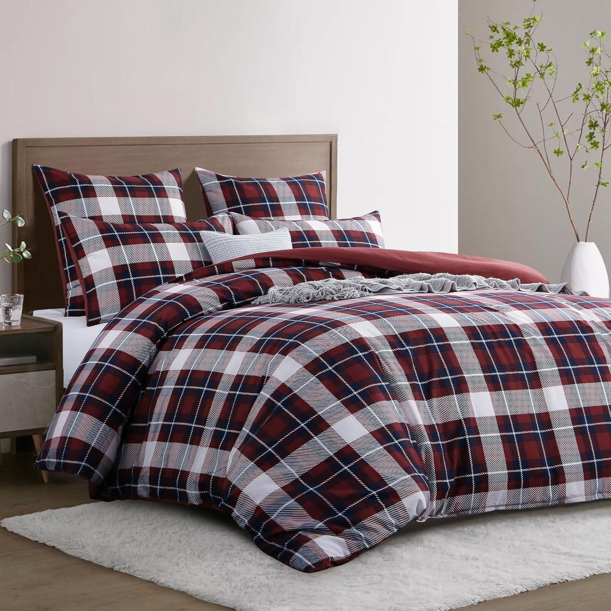 Bettwäsche Set 200x200 Rot Tartan Mikrofaser Weich Bügelfrei