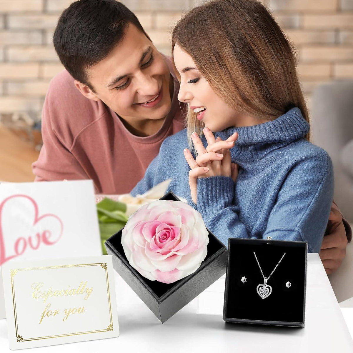 Ewige Rose Geschenkbox für Frauen, Konservierte Rosen mit Schmuck, Weiß+rosa