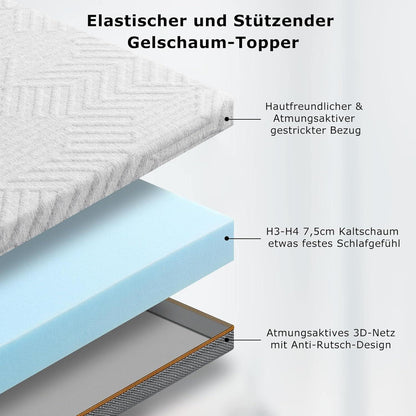 Gelschaum Topper 140x200 cm H3 H4 7,5cm Matratzen Topper atmungsaktiv