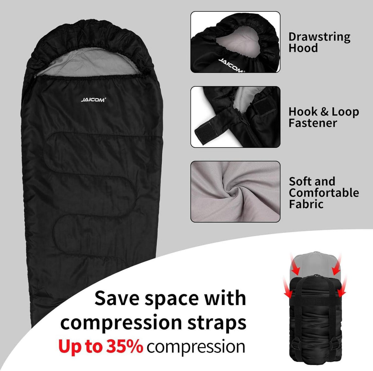 JAICOM Schlafsack 3 Jahreszeiten Ultraleicht Mumienschlafsack 800g Schwarz